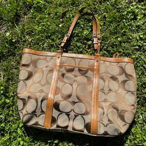 Coach Signature Gallery Tote – Khaki/Brown Canvas, Purple Lining